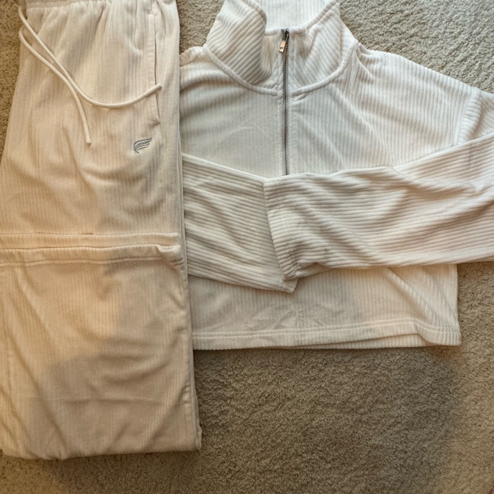 Fabletics Cream Ribbed Jacket and wide leg pants